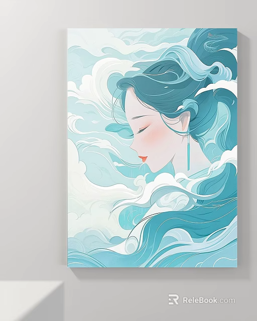 Female Portrait Painting With Flowing Blue Hair And Cloud Wave Elements And Long Earrings 3d model 