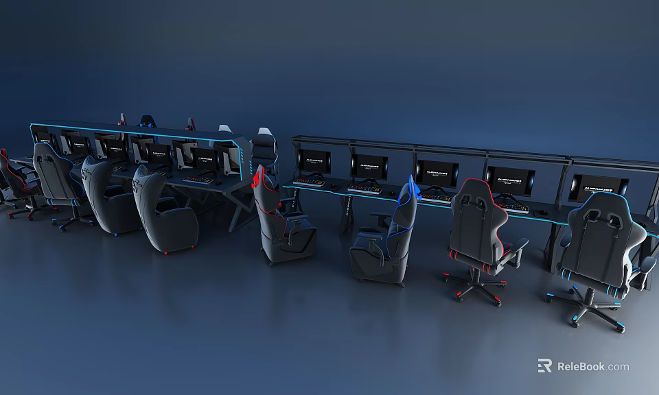 Modern Internet Cafe Interior With Multiple Computers Gaming Chairs And Advanced Equipment 3d model 