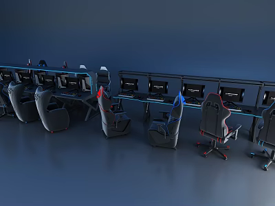 Modern Internet Cafe Interior With Multiple Computers Gaming Chairs And Advanced Equipment 3d model