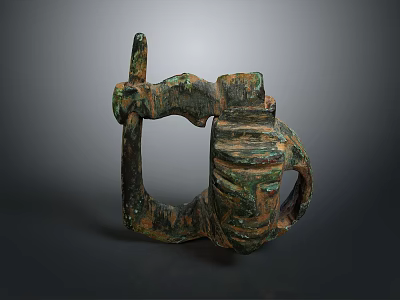 Ancient Rusted Bronze Household Container With Decorative Handle And Intricate Surface Patterns 3d model