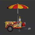 Vibrant Street Food Cart Scenery with Red Yellow Umbrella and Burger Fries Signs