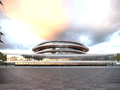 Modern Circular Office Building with Glass Curtain Wall at Sunset with Open Plaza Front 3d model