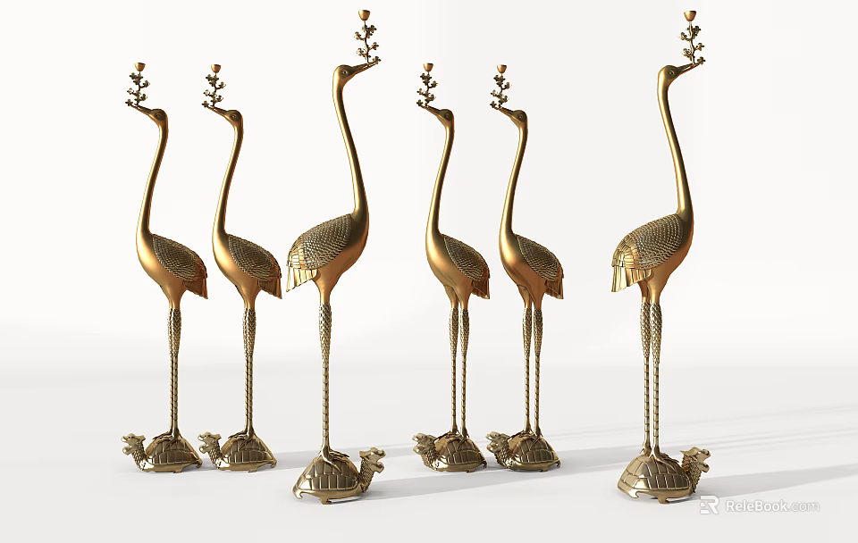 Golden Crane Shaped Ornamental Decor Set With Turtle Base And Decorative Top 3d model