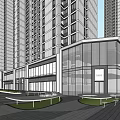 Modern Commercial Street Entrance With Glass Facade Buildings And Central Fountain Area