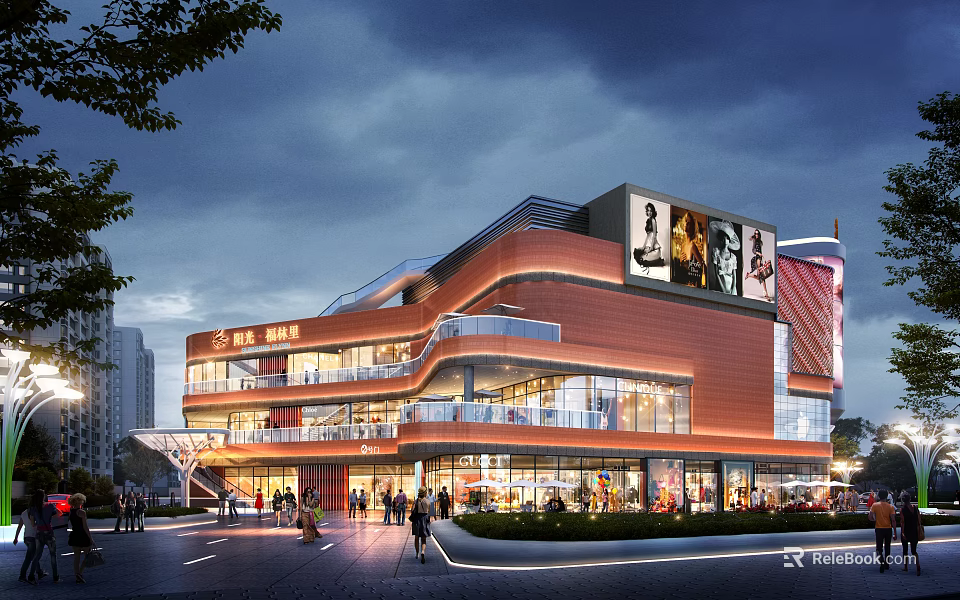 Modern Multi Level Commercial Street with Glass Facades Billboards Pedestrian Lighting and Evening Ambiance 3d model 