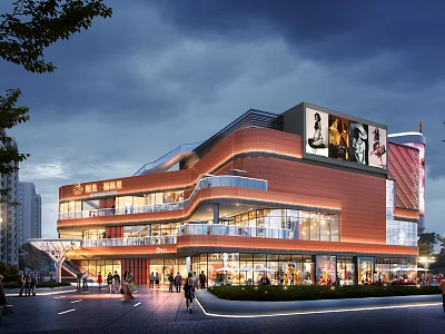 Modern Multi Level Commercial Street with Glass Facades Billboards Pedestrian Lighting and Evening Ambiance 3d model