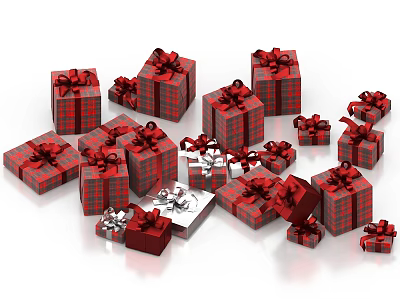 Art Installation With Red Plaid Gift Boxes And Bow Accents In Stacked Arrangement 3d model