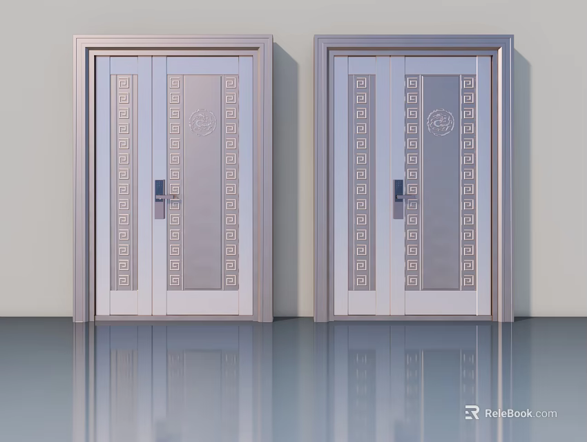 Modern Decorative Swing Doors With Symmetric Patterned Panels And Metal Frame 3d model 