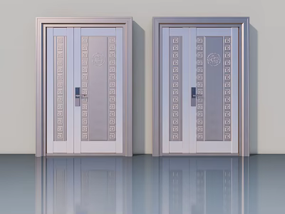 Modern Decorative Swing Doors With Symmetric Patterned Panels And Metal Frame 3d model