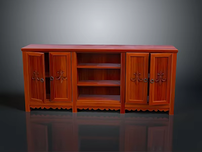 Classic Red Wooden Storage Cabinet With Carved Doors And Open Shelves 3d model