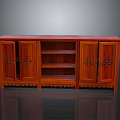 Classic Red Wooden Storage Cabinet With Carved Doors And Open Shelves
