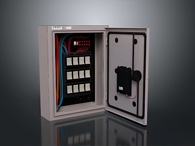 Household Open Gray Electrical Distribution Box With Multiple Switches And Colored Wires 3d model
