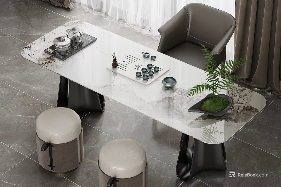 Modern Marble Tea Table And Chairs With Tea Sets Green Plants Round Stools 3d model