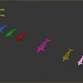 Different Colored Aquatic Animals Swimming in a Line Against Gray Background