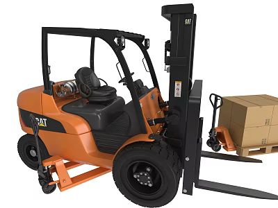 Orange Industrial Forklift Efficiently Handling Cargo Boxes On Wooden Pallet 3d model