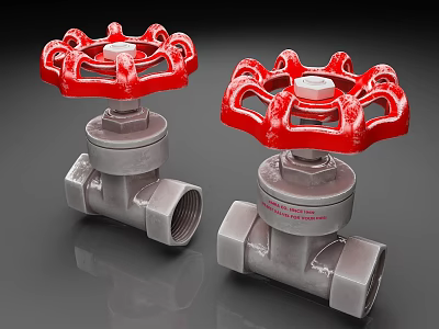 Public Facilities Industrial Valves With Red Handwheels And Silver Metal Bodies 3d model