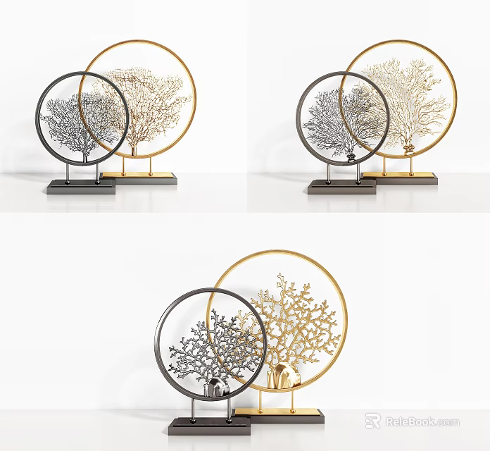 Modern Decorative Ornament Set With Circular Frames Tree Branch Design Gold Silver Stands For Home Decor 3d model 