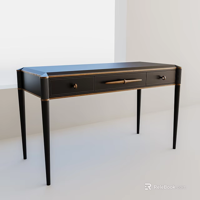 Elegant Modern Black Dressing Table With Drawers Slender Legs And Gold Handles 3d model 