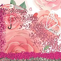 Romantic Photo Check in Spot With Red Flower Decor Umbrella and Rose Patterned Wall