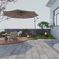 Outdoor Patio Garden Design With Wooden Deck Wicker Chairs Round Table Umbrella And Green Plants