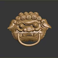 Golden Lion Head Door Knocker Sculpture In Traditional Style With Decorative Details