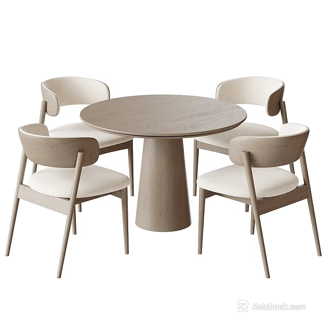 Modern Wooden Round Dining Table Set With Four Upholstered Chairs 3d model 