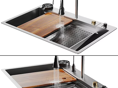 Practical Stainless Steel Kitchen Sink With Wooden Cutting Board And Faucet Drainer Area 3d model
