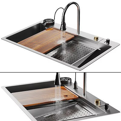 Practical Stainless Steel Kitchen Sink With Wooden Cutting Board And Faucet Drainer Area 3d model