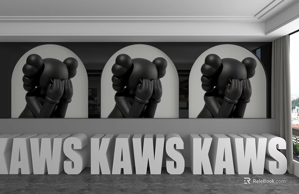 Arched Background Wall With Three Black KAWS Figures Covering Faces And 3D KAWS Letters Below 3d model 