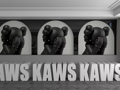 Arched Background Wall With Three Black KAWS Figures Covering Faces And 3D KAWS Letters Below 3d model