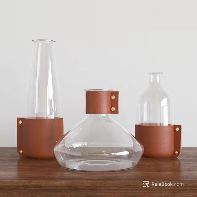 Modern Ceramic Vessels With Transparent Design And Brown Leather Wraps On Wooden Table 3d model 