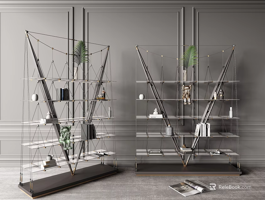 Modern Glass Shelf Bookcase With Metal Frame Green Plants Books And Decorative Items On Wooden Floor 3d model 