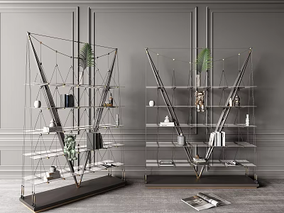 Modern Glass Shelf Bookcase With Metal Frame Green Plants Books And Decorative Items On Wooden Floor 3d model