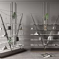 Modern Glass Shelf Bookcase With Metal Frame Green Plants Books And Decorative Items On Wooden Floor