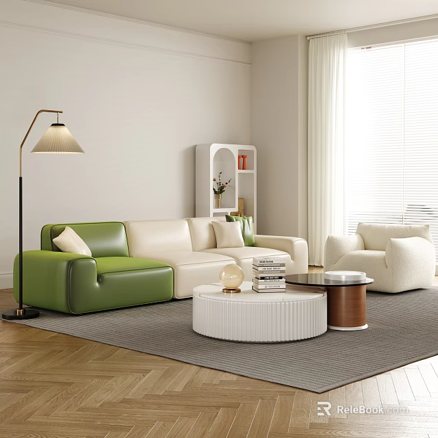 Modern Living Room With Green And Beige Sofa And Round White Coffee Table Set 3d model 