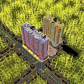 High Rise Residential Building Surrounded By Green Trees And Near Road With Vehicles