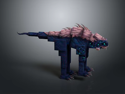 3D Dinosaur Like Creature Model With Dark Blue Body Pink Spiked Back and Glowing Eyes 3d model