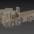 Khaki Military Truck With Large Tires Flatbed Trailer And Spare Tire On Roof