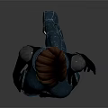 Futuristic Sci Fi Female Character in Blue Black Tech Armor Standing Against Gray Background