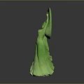 Green Female Sculpture With Flowing Dress And Circular Handheld Object Design