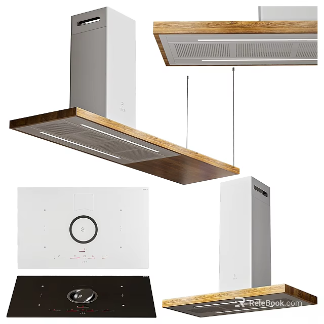 Modern Kitchen Appliances With Wooden Range Hood Induction Cooktop And White Refrigerator 3d model 