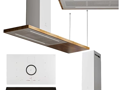 Modern Kitchen Appliances With Wooden Range Hood Induction Cooktop And White Refrigerator 3d model