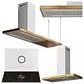 Modern Kitchen Appliances With Wooden Range Hood Induction Cooktop And White Refrigerator