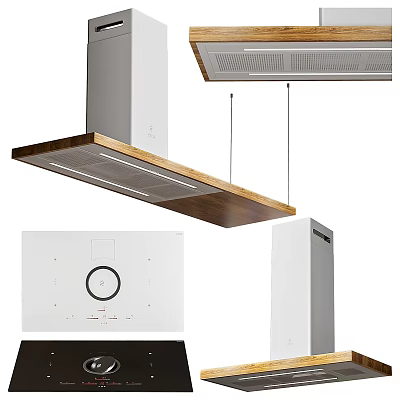Modern Kitchen Appliances With Wooden Range Hood Induction Cooktop And White Refrigerator 3d model