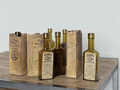 Vintage Elderflower Cordial Wine Bottles With Wooden Packaging Boxes On Wooden Table 3d model
