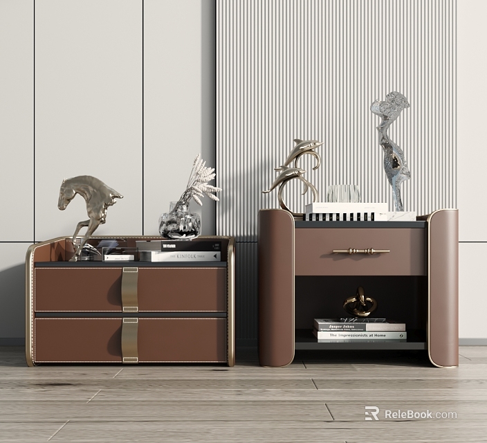 Elegant Modern Bedside Tables With Brown Finish Gold Accents Drawers And Decorative Books 3d model 