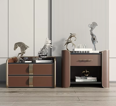 Elegant Modern Bedside Tables With Brown Finish Gold Accents Drawers And Decorative Books 3d model