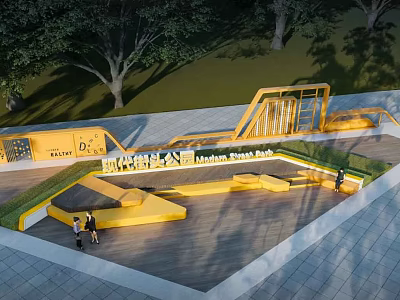 Modern Urban Park Landscape With Yellow Seating Structures Wooden Platform And Trees 3d model