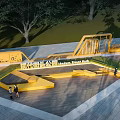 Modern Urban Park Landscape With Yellow Seating Structures Wooden Platform And Trees