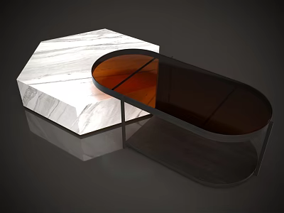 Modern Minimalist Coffee Table With Hexagonal White Marble And Oval Brown Glass Top 3d model